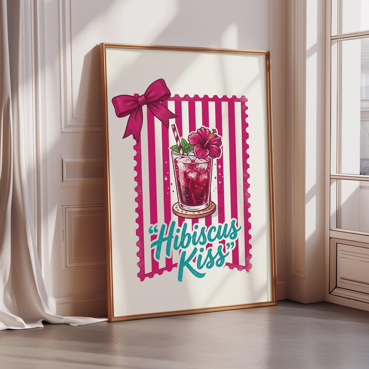A framed illustration of a glass of hibiscus-infused drink with a bow, accompanied by the text "Hibiscus Kiss" in a stylized font.