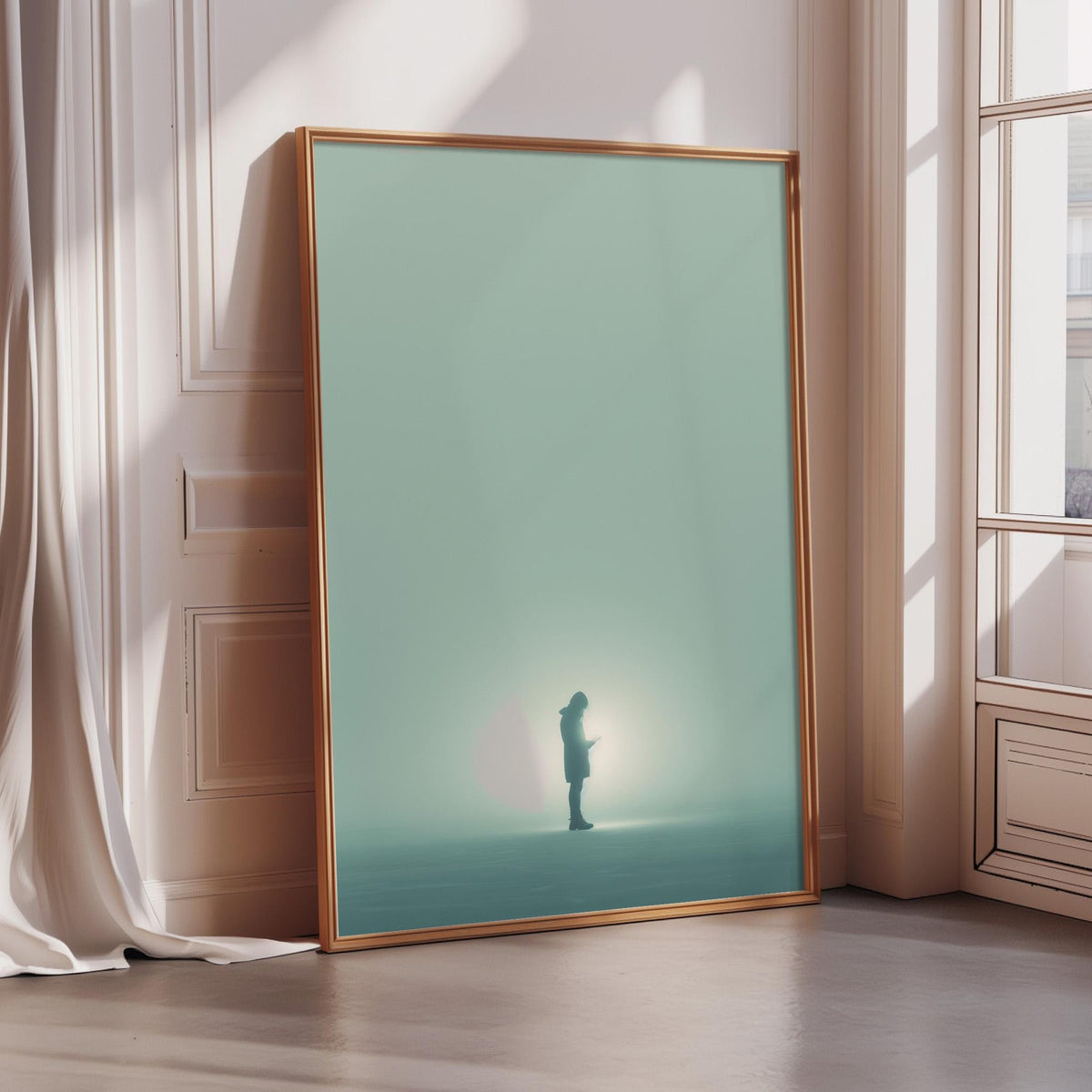 a large, framed picture of a person standing in a foggy room, with the person's silhouette visible in the background.