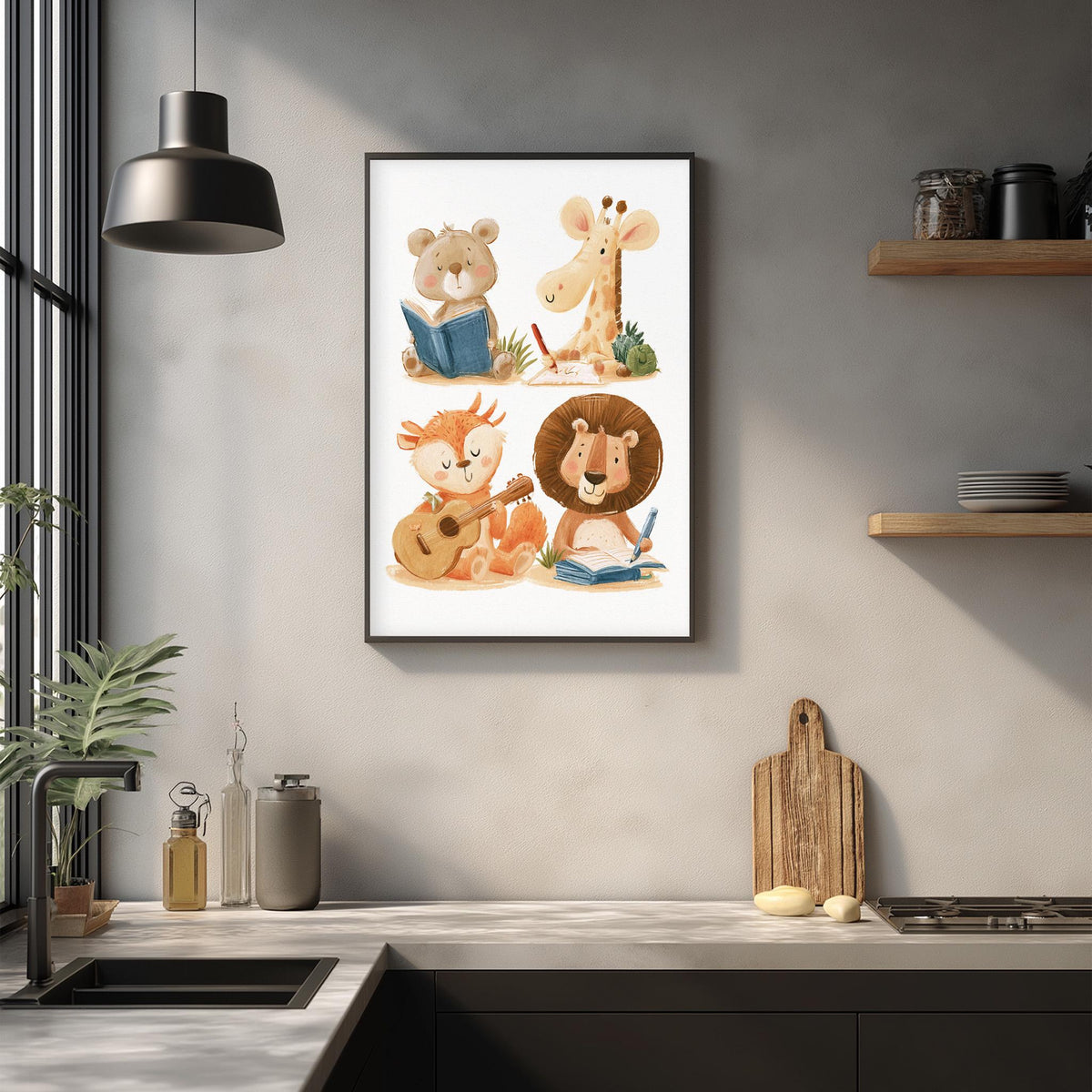 a framed illustration of a giraffe, lion, and other animals, including a monkey, all sitting and engaging in various activities. The scene is set in a kitchen with a countertop, a cutting board, and some kitchen items such as a bottle and a cup.