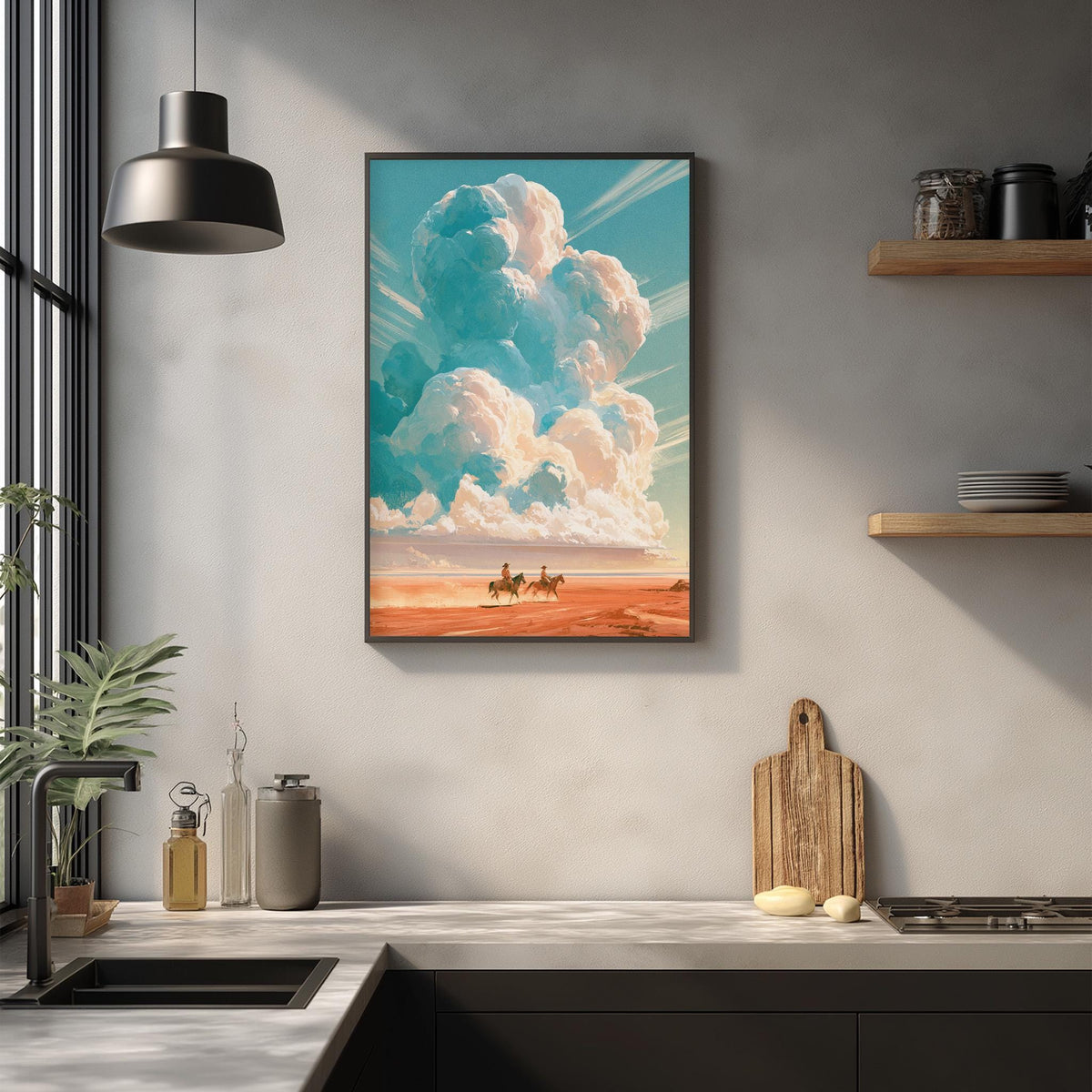 a framed painting of a desert landscape with a large cloud formation in the sky, mounted on a wall above a kitchen counter.