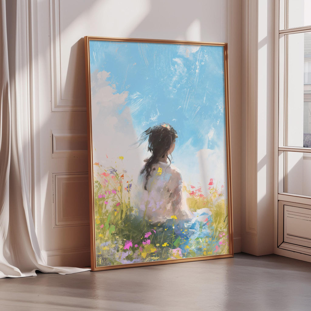a painting of a woman sitting in a field of flowers, with a blue sky and clouds in the background.