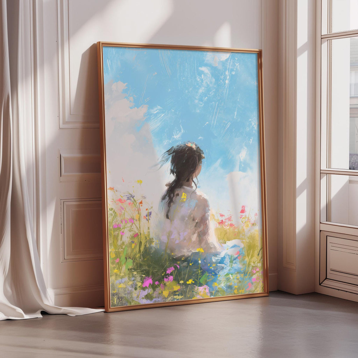 a painting of a woman sitting in a field of flowers, with a blue sky and clouds in the background.