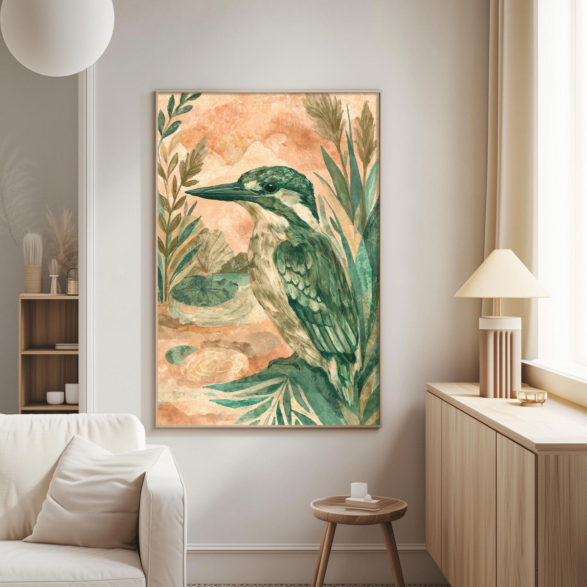a large painting of a green and white bird, likely a kingfisher, hanging on a wall in a living room. The painting is surrounded by various decorative elements, including a lamp, a small table, and a bookshelf.