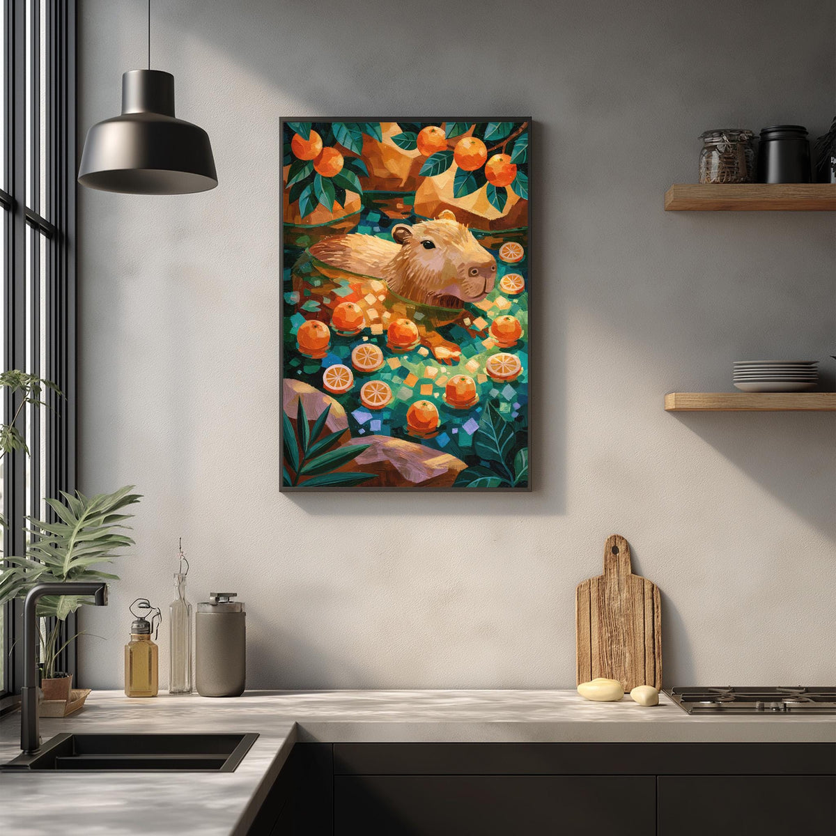 a kitchen counter with various items, including a wooden cutting board, a bottle, and a vase. Above the counter, there is a framed painting depicting a cow surrounded by an abundance of oranges.