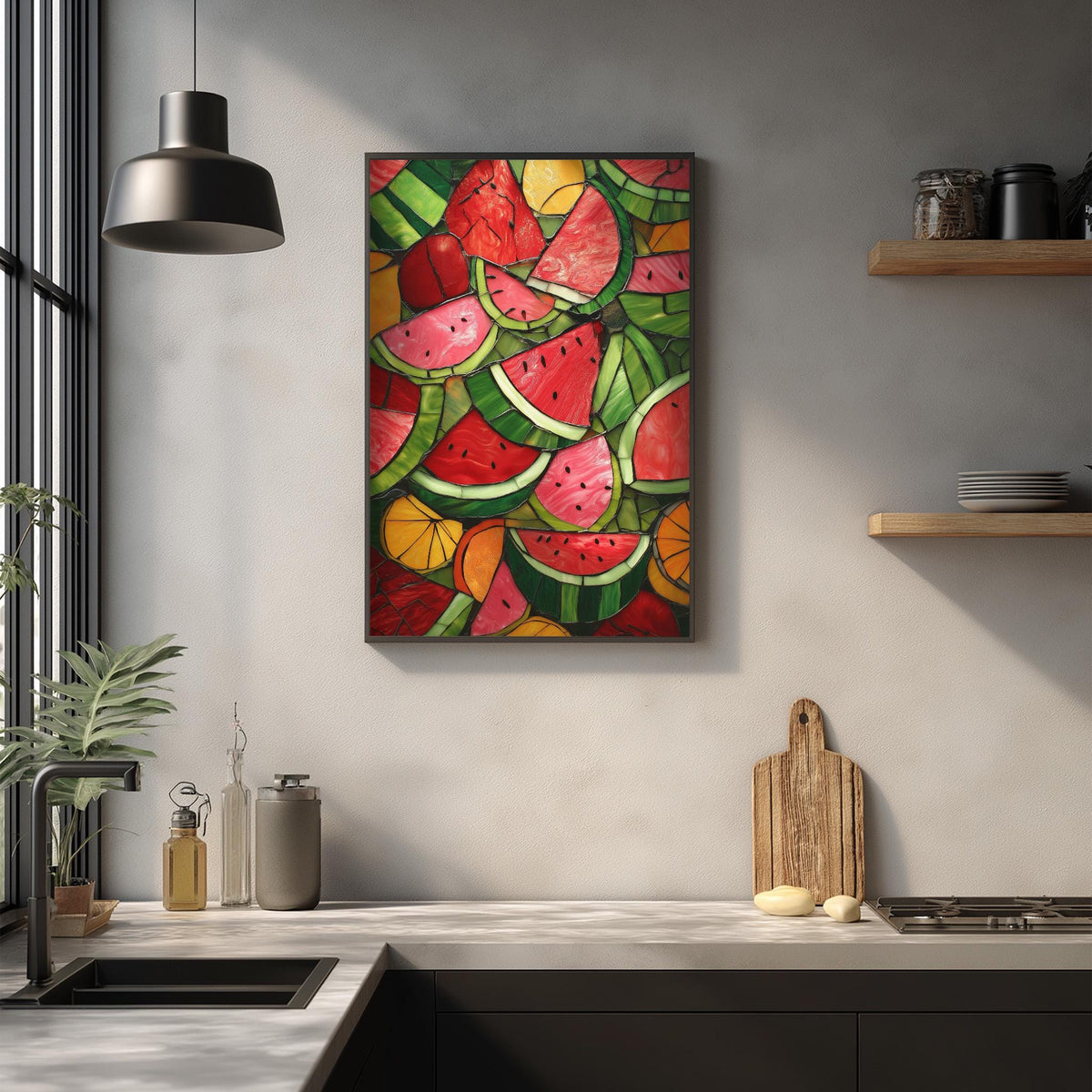 a kitchen counter with a framed painting of watermelon slices hanging on the wall above it. The painting has a vibrant and colorful design, with watermelon slices in various shades of red, green, and yellow. The kitchen counter also has a cutting board, a knife, and some other kitchen items, creating a cozy and inviting atmosphere.