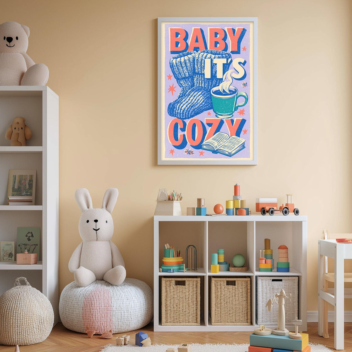 A cozy nursery with a baby-themed poster on the wall, a stuffed rabbit, a bookshelf filled with toys, and a basket of toys.