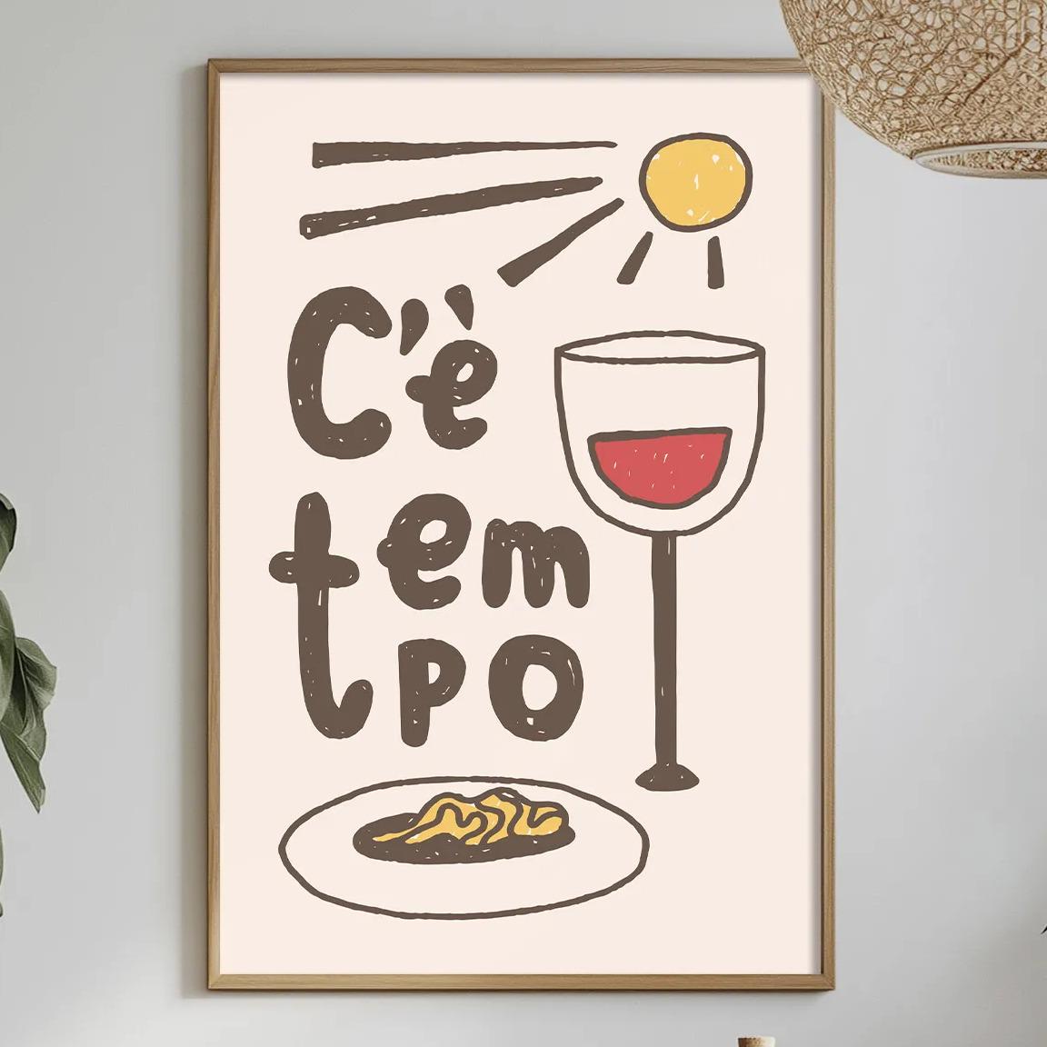 a dining table with a white tablecloth, a bowl of fruit, a bottle of wine, and a plant. Above the table, there is a framed poster with the text "C'empto" and an illustration of a wine glass and a plate of food.