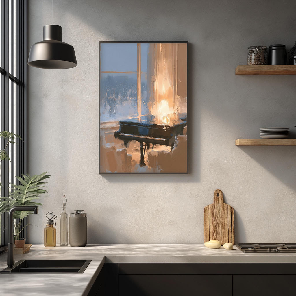 a framed painting of a piano on a wall, with a kitchen counter and various kitchen items in the foreground.