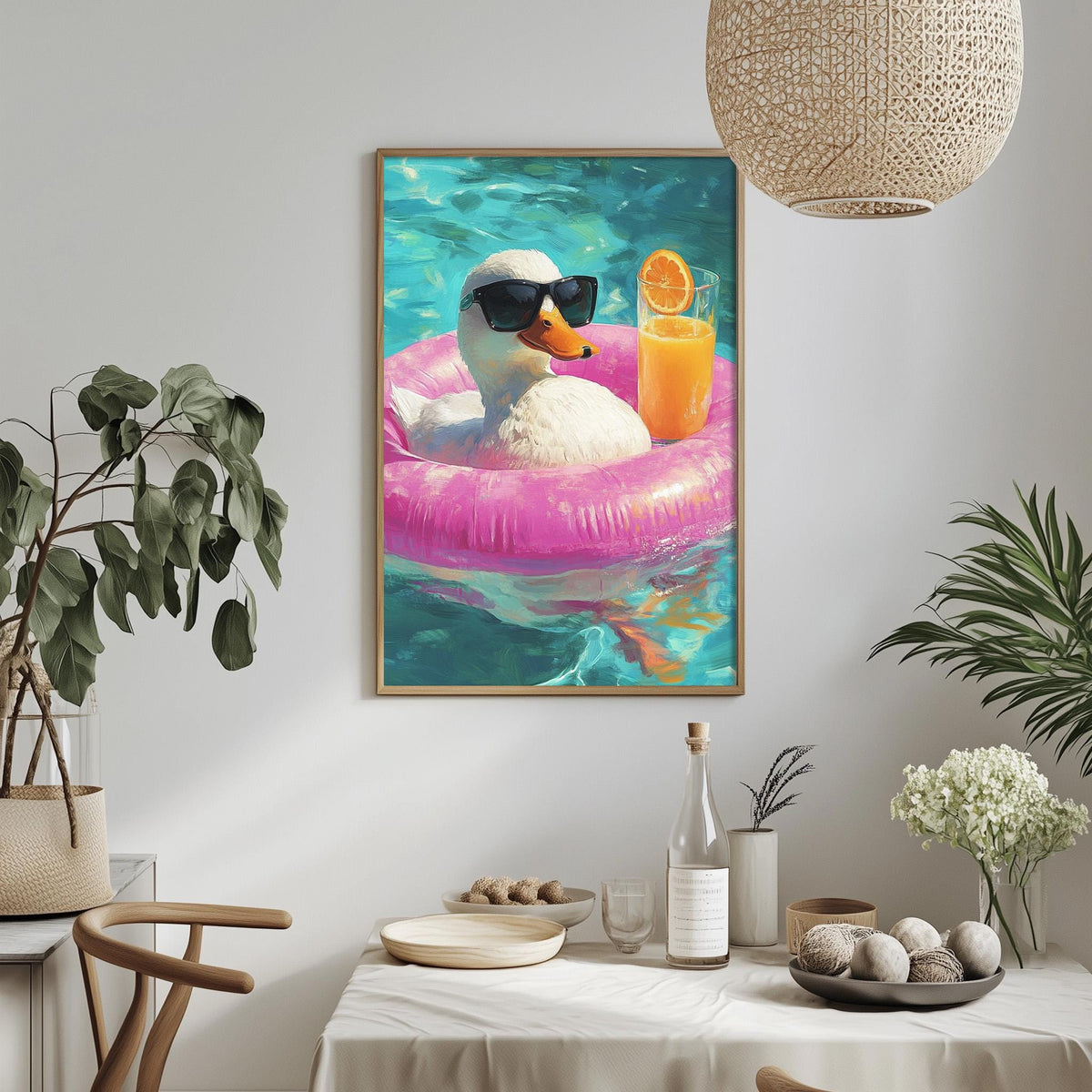 a duck wearing sunglasses and floating on a pink inner tube in a pool, with a glass of orange juice nearby.