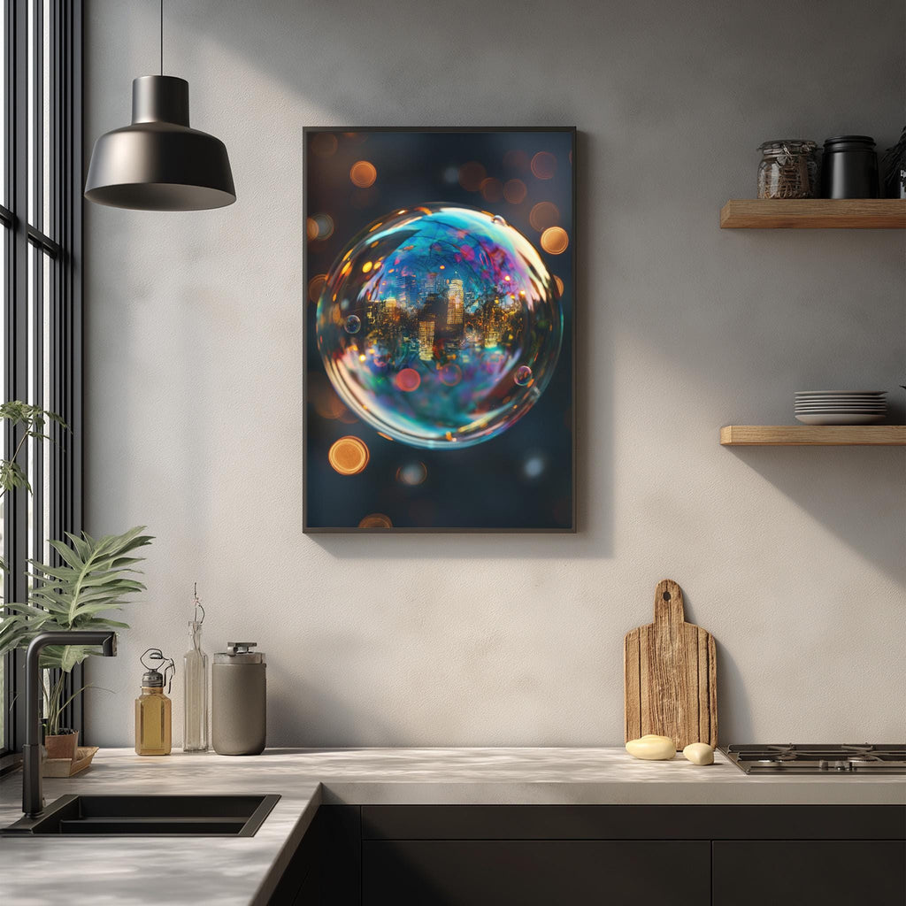 a modern kitchen with a large framed artwork of a colorful bubble-like design hanging on the wall above a countertop.