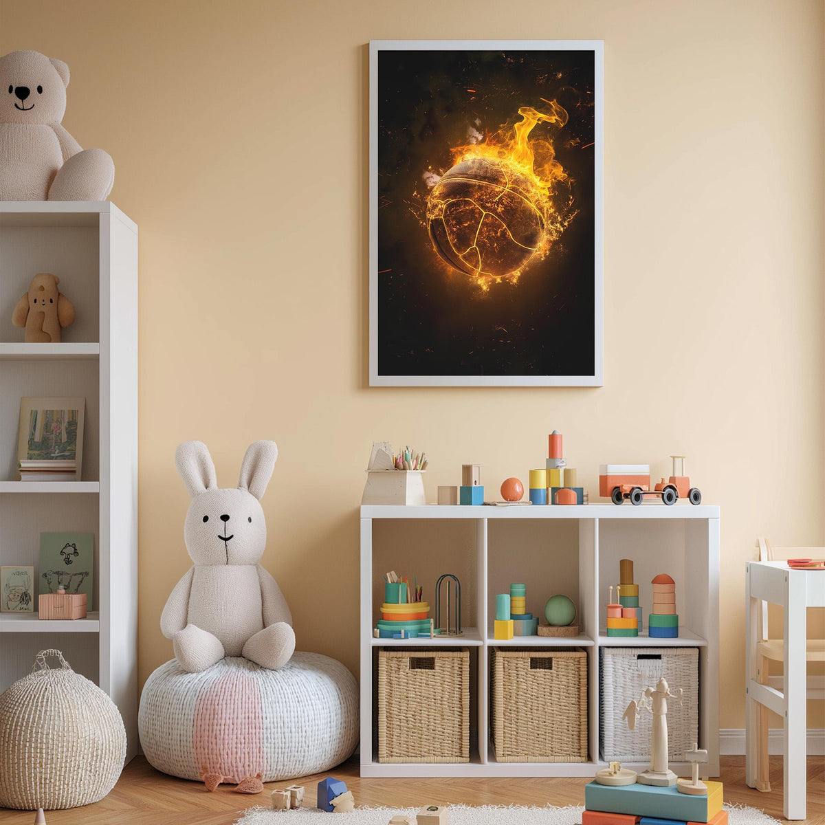A cozy children's room with a white rabbit sitting on a bean bag chair, surrounded by toys and a bookshelf. A framed artwork depicting a fiery ball is hanging on the wall above the bookshelf.