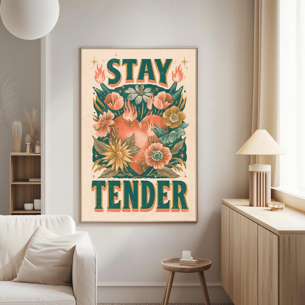 a poster with a floral design and the text "STAY TENDER" displayed on a wall in a living room setting.