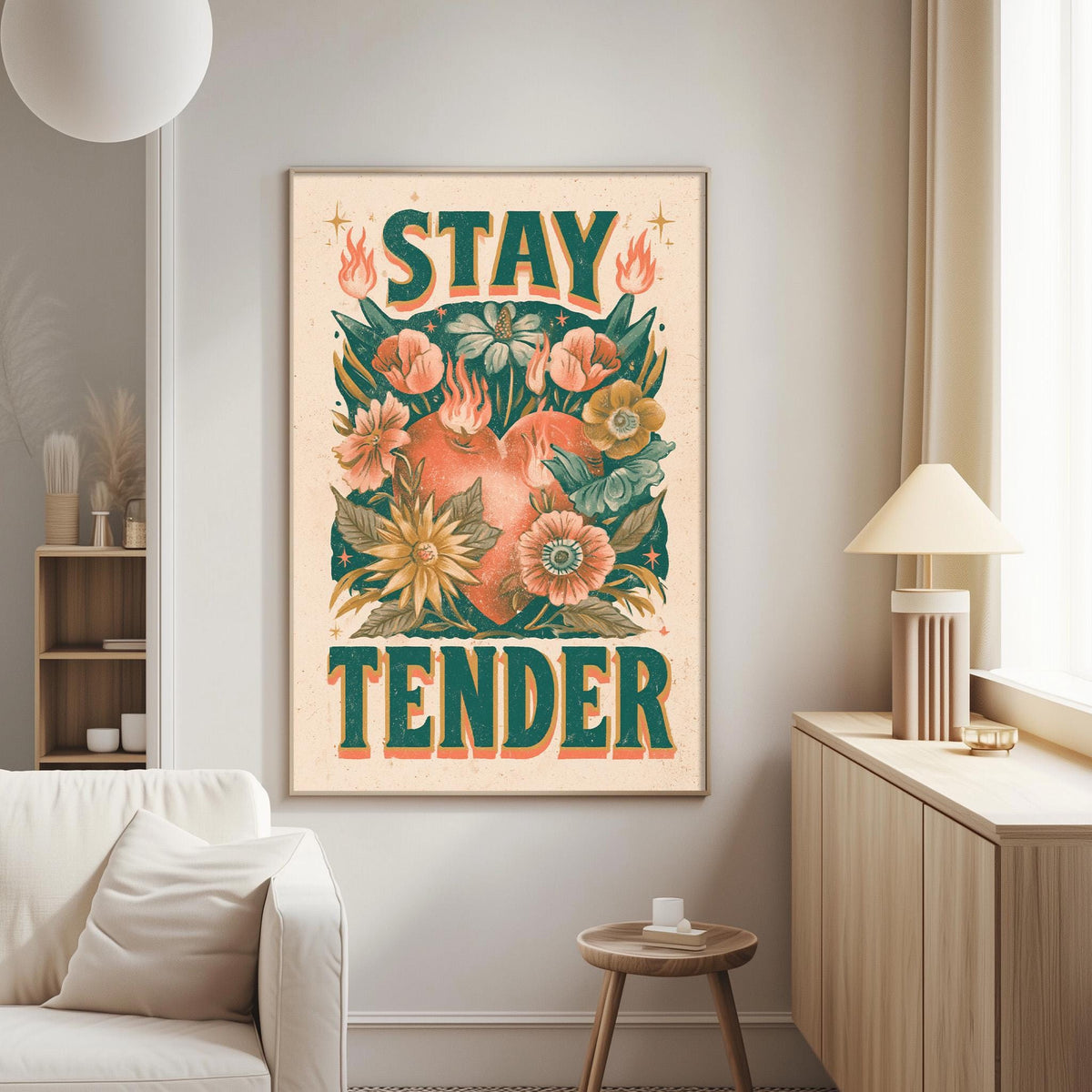 a poster with a floral design and the text "STAY TENDER" displayed on a wall in a living room setting.