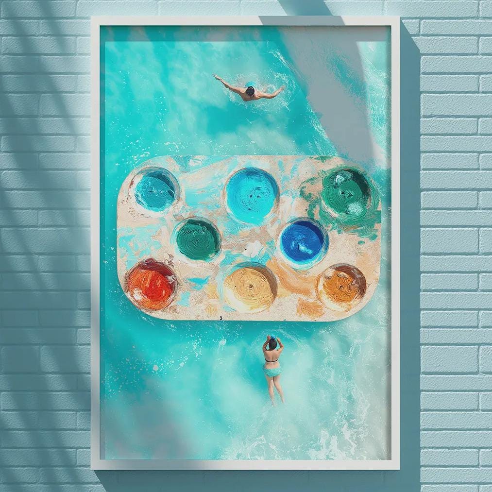 a vibrant painting of a person swimming in a pool, surrounded by a variety of colorful paint splatters.