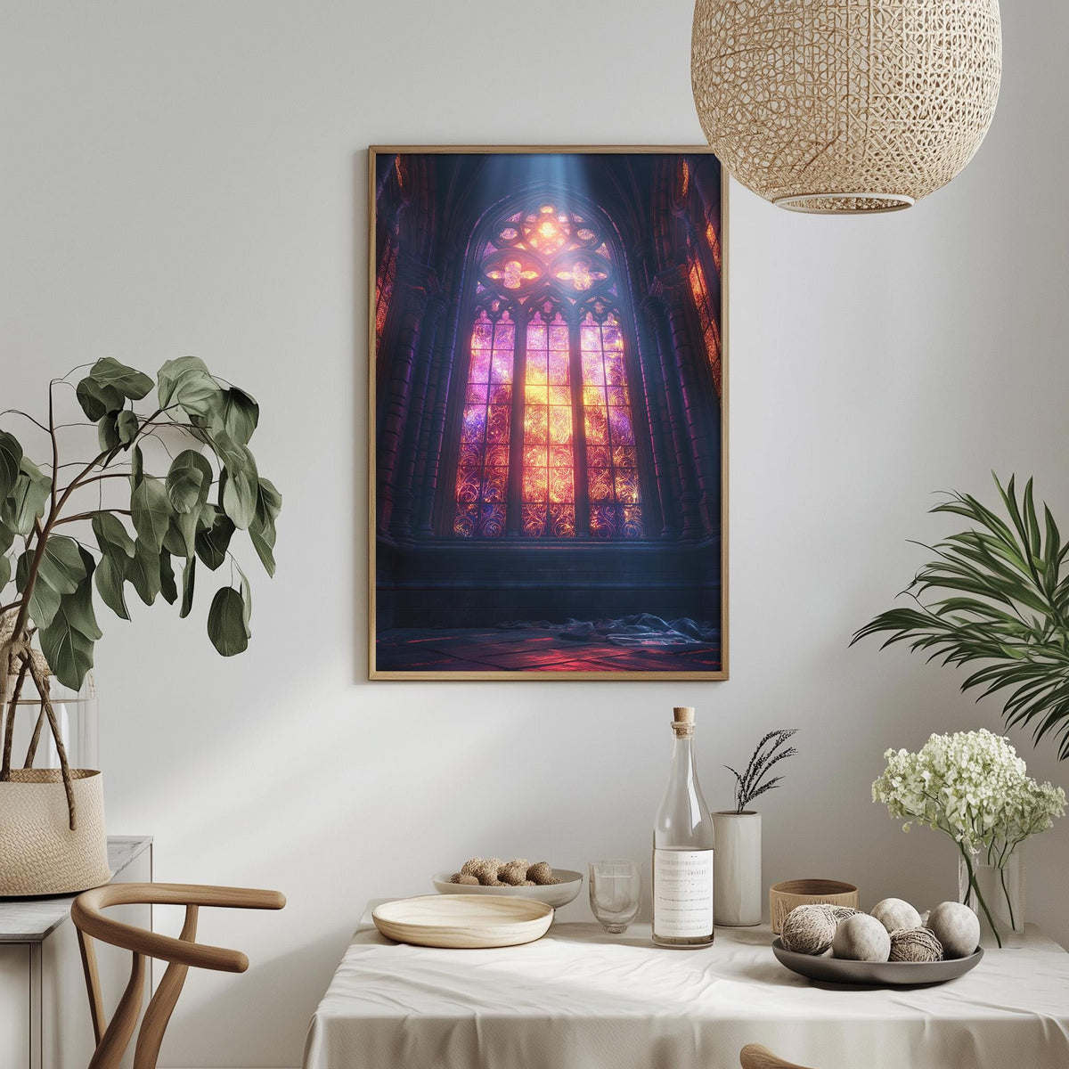a dining table with a white tablecloth, a bowl of fruit, a bottle, and a vase with flowers. Above the table, there is a framed picture of a stained glass window with a colorful, vibrant design.