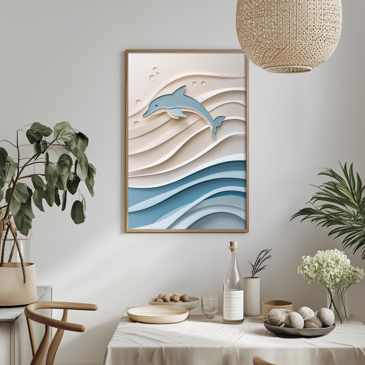 a dining table with a white tablecloth, a bowl of fruit, a bottle, and a vase with flowers. Above the table, there is a framed picture of a dolphin on a wave. The table is set with a potted plant, a vase with flowers, and a bowl of fruit.