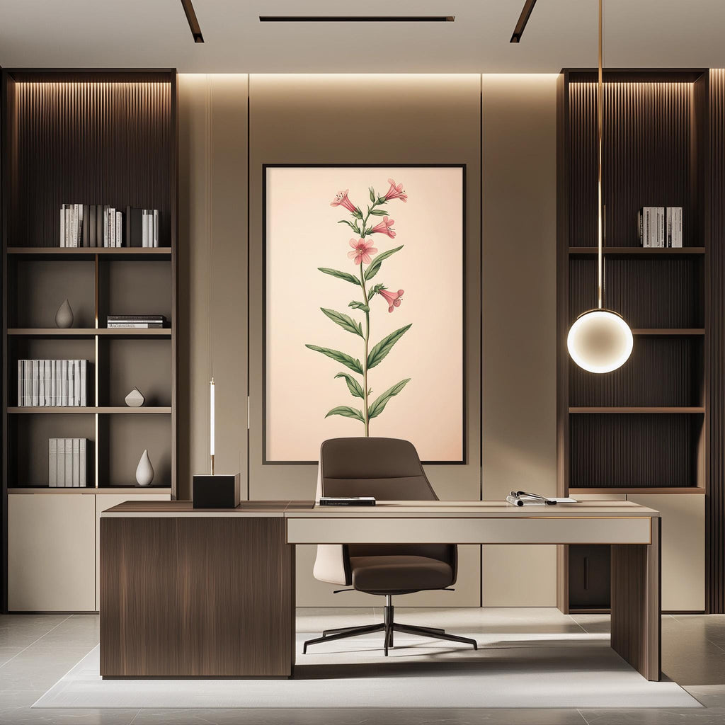 a modern and well-designed office space with a large wooden desk, a comfortable chair, and a large framed print of a pink flower on the wall.