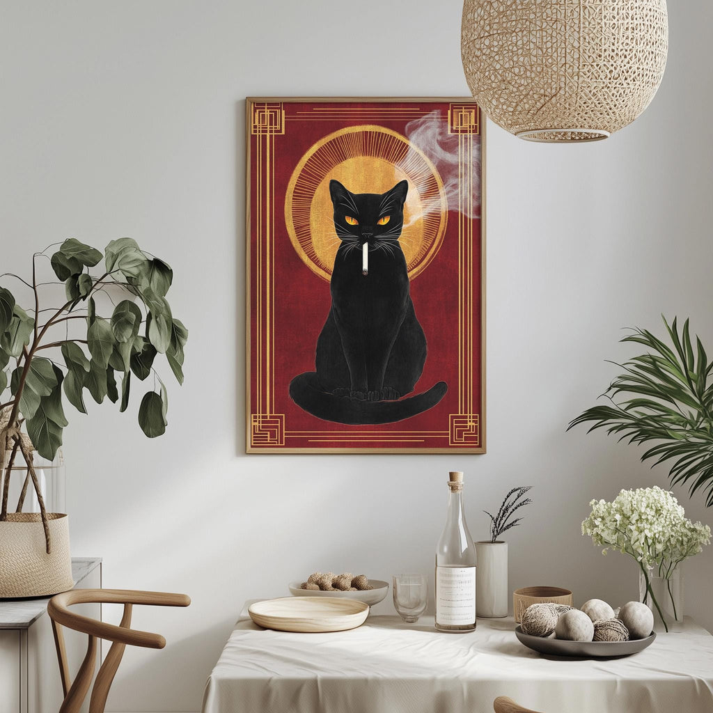 a black cat sitting on a red background with a golden circle above it, and a white bowl of fruit on a table in front of it.