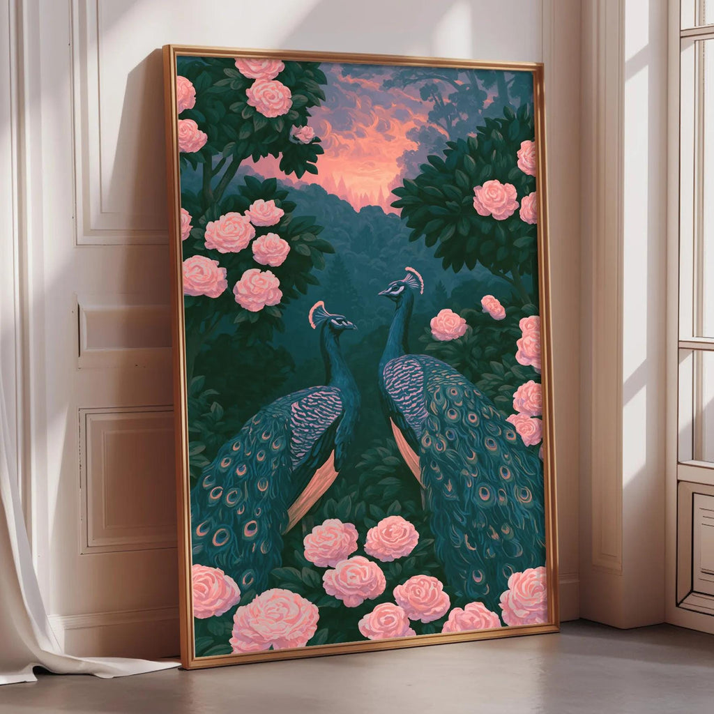 A framed painting depicting two peacocks standing amidst pink flowers and a sunset sky.