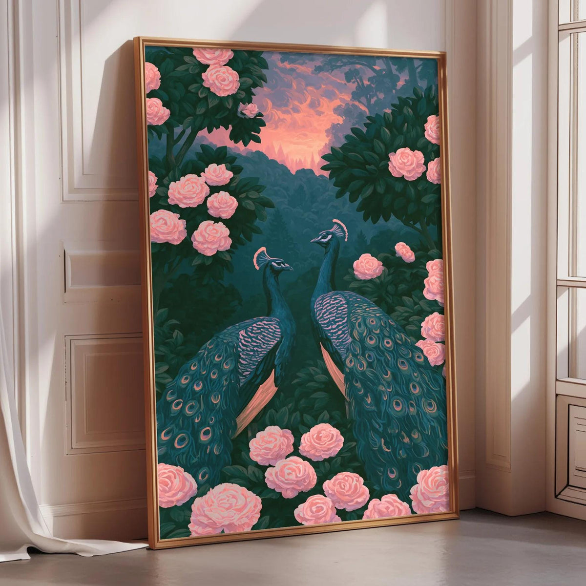 A framed painting depicting two peacocks standing amidst pink flowers and a sunset sky.