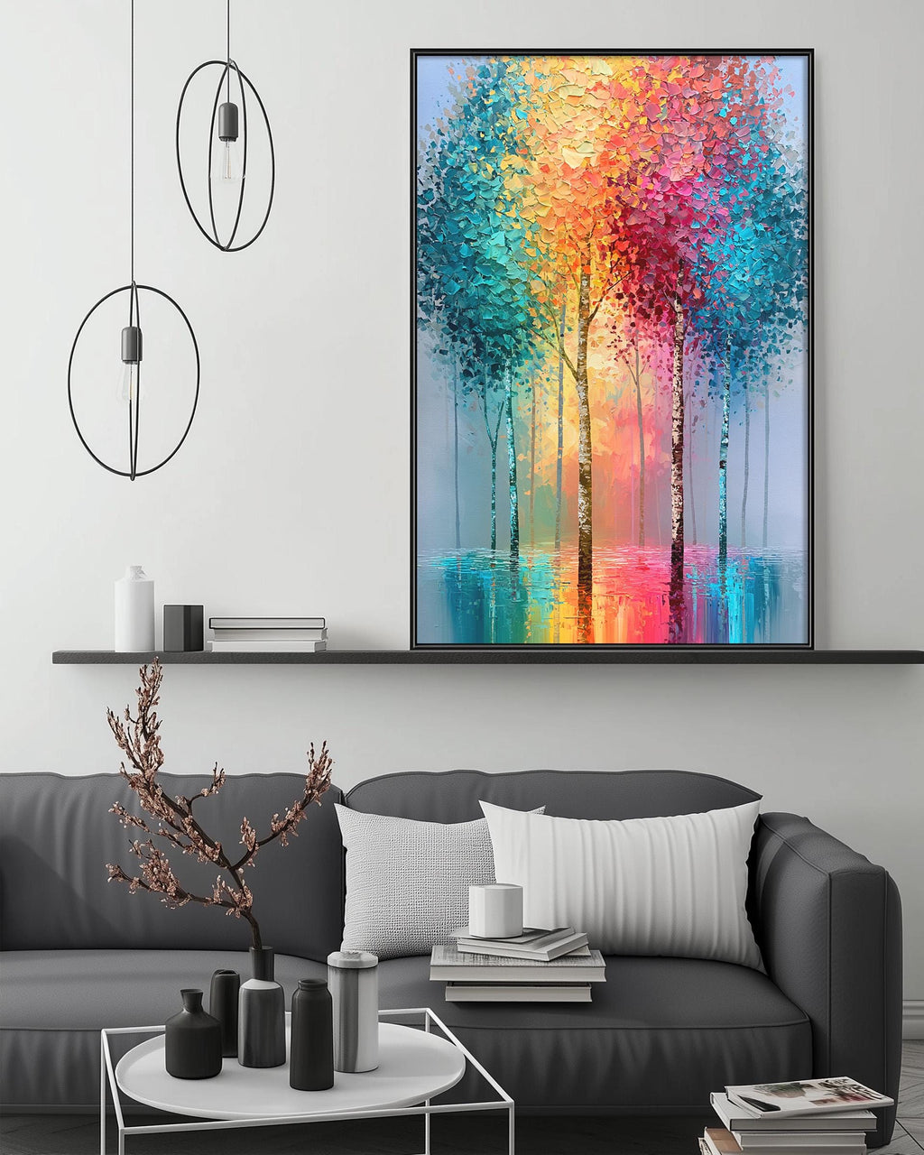 a modern living room with a gray sofa, a coffee table, and a large painting of trees with a colorful, abstract design hanging above the sofa.