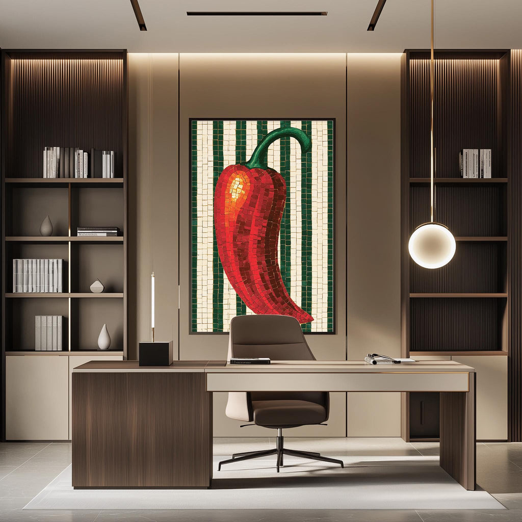 a modern office space with a large, colorful mosaic artwork of a red pepper hanging on the wall. The office has a wooden desk, a chair, and a bookshelf, creating a professional and stylish atmosphere.