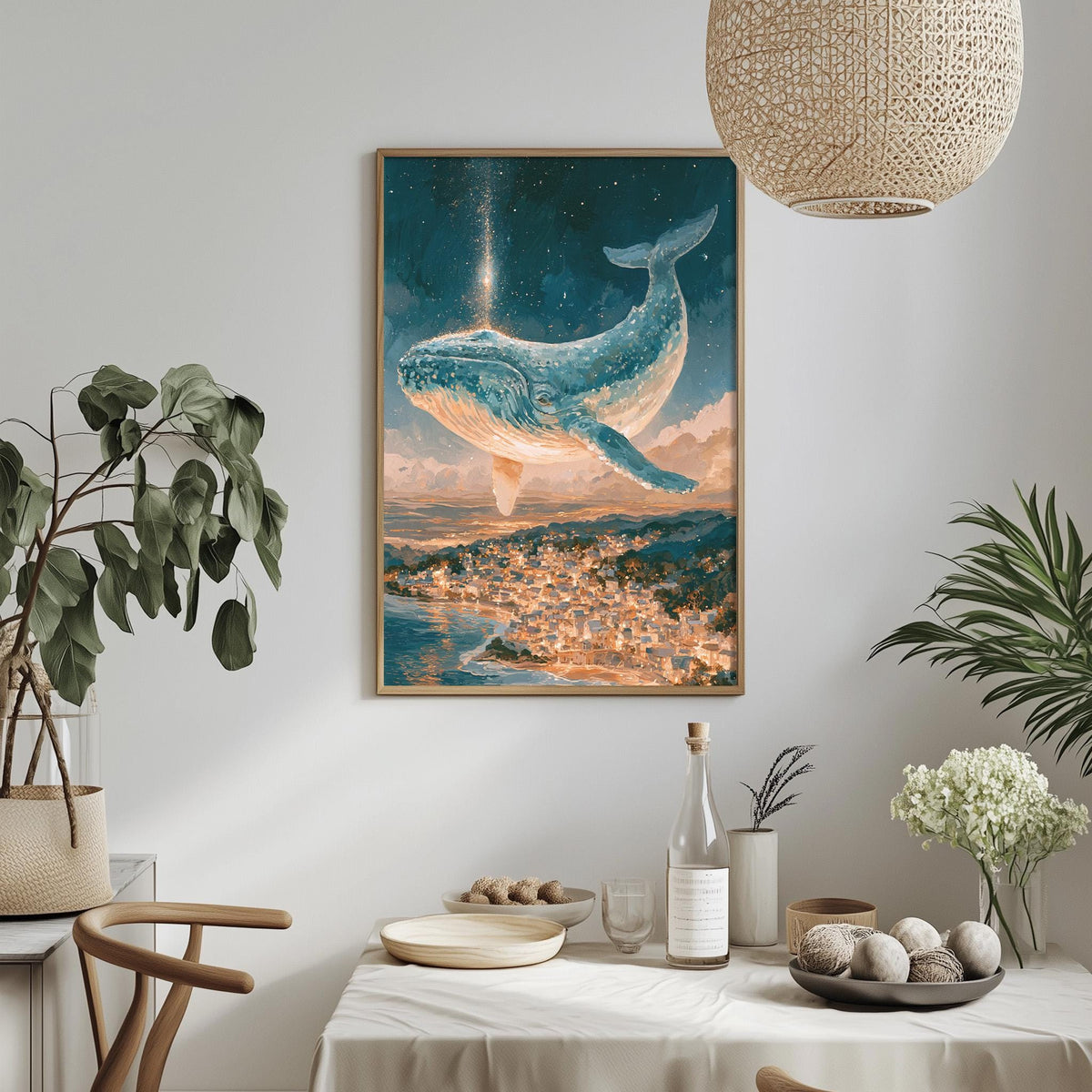 a large painting of a whale in the sky, hanging on a wall above a dining table with various decorative items and plants.