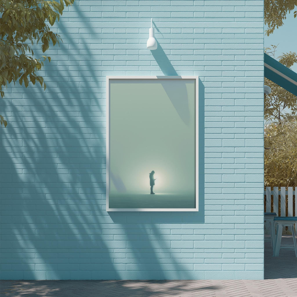 a person standing in front of a blue brick wall, with a white light fixture hanging above them.