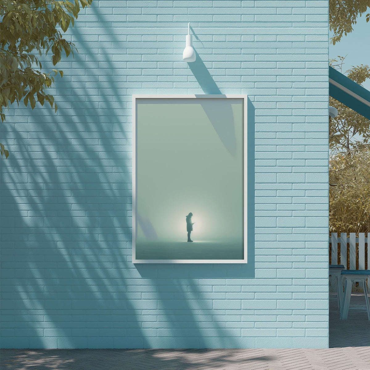a person standing in front of a blue brick wall, with a white light fixture hanging above them.