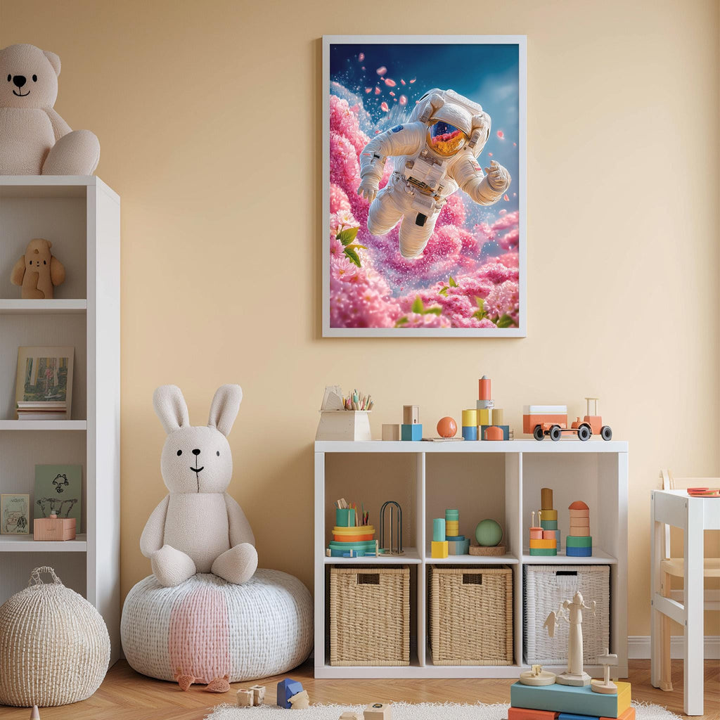 a child's bedroom with a large framed poster of an astronaut floating in a pink and blue floral space, surrounded by various toys and storage bins.