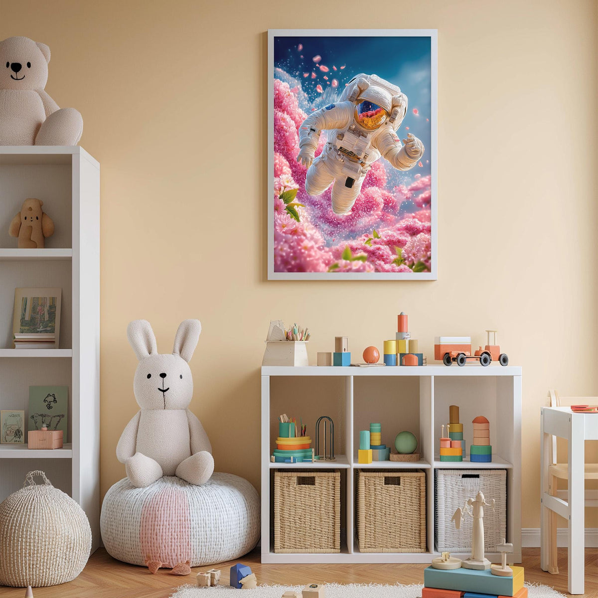 a child's bedroom with a large framed poster of an astronaut floating in a pink and blue floral space, surrounded by various toys and storage bins.