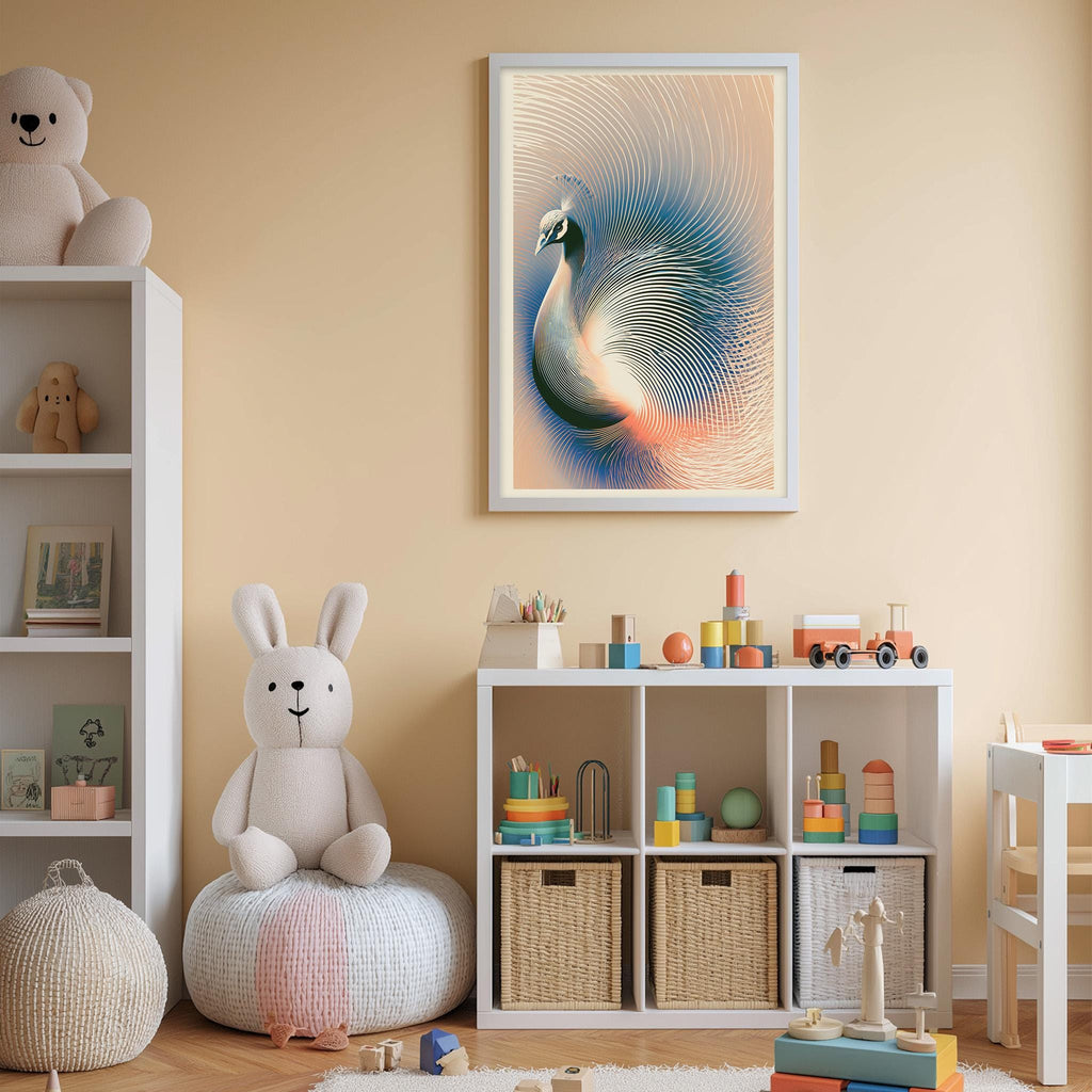 A child's bedroom with a white bookshelf, a stuffed rabbit, a colorful toy set, and a framed picture of a peacock on the wall.