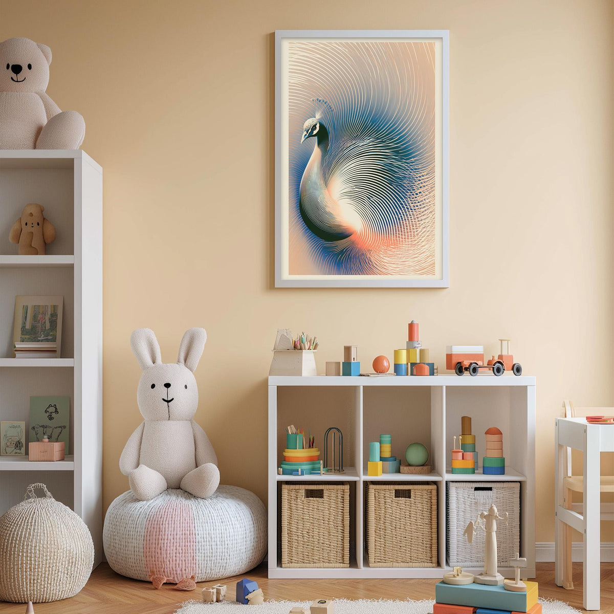 A child's bedroom with a white bookshelf, a stuffed rabbit, a colorful toy set, and a framed picture of a peacock on the wall.