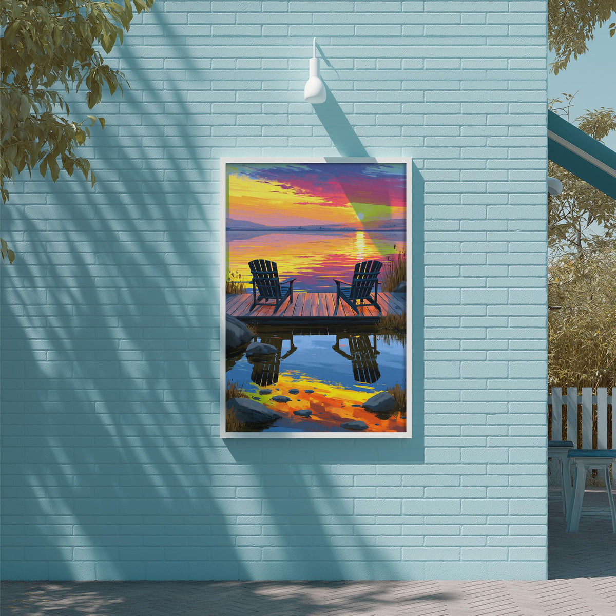 A framed painting depicting a serene lakeside scene with two black Adirondack chairs facing a wooden dock with a sunset reflection on the water.