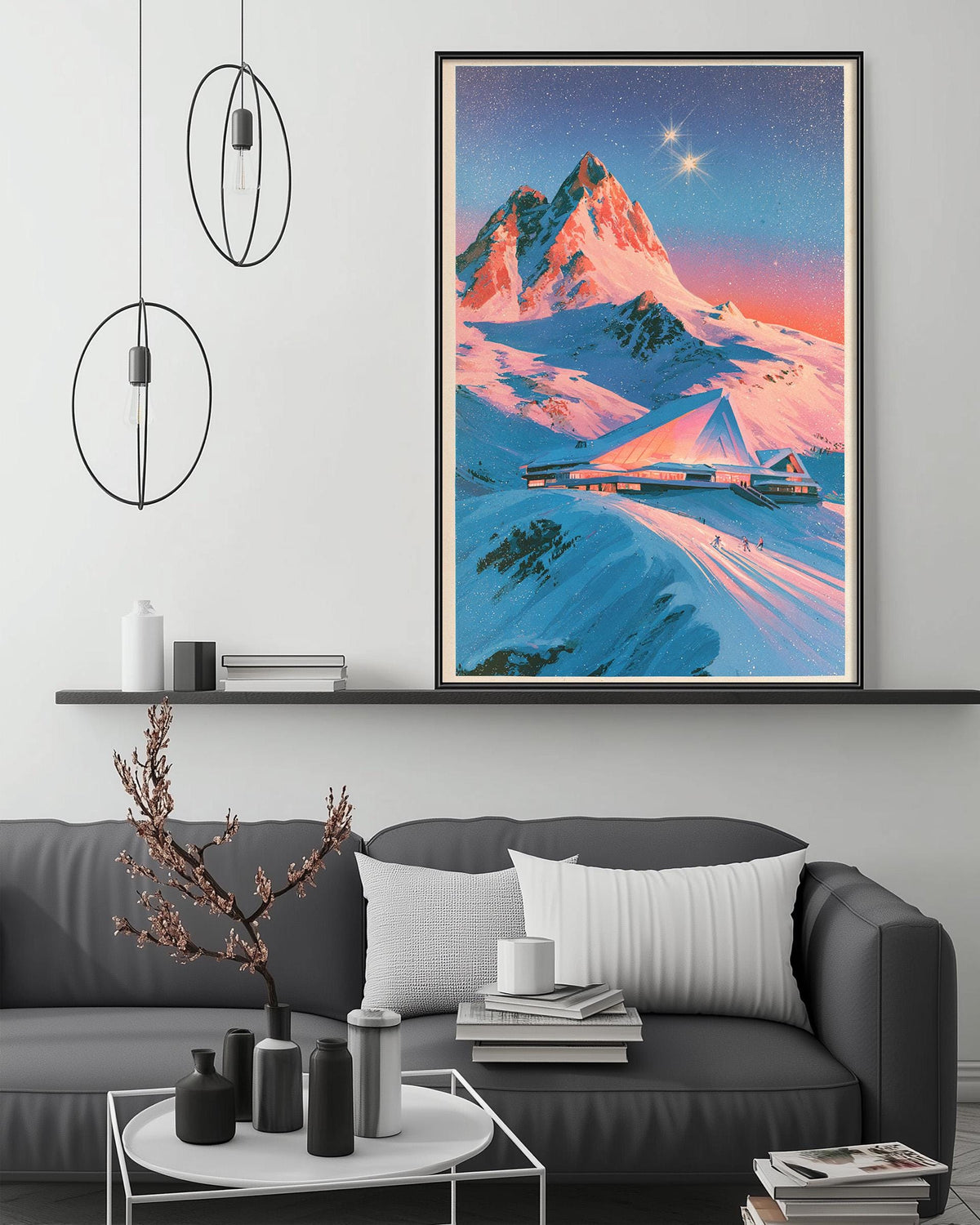 a large, colorful painting of a snowy mountain landscape hanging on a wall above a gray couch with white pillows. The painting is surrounded by various decorative items, including a potted plant, vases, and books, creating a cozy and inviting atmosphere in the living room.
