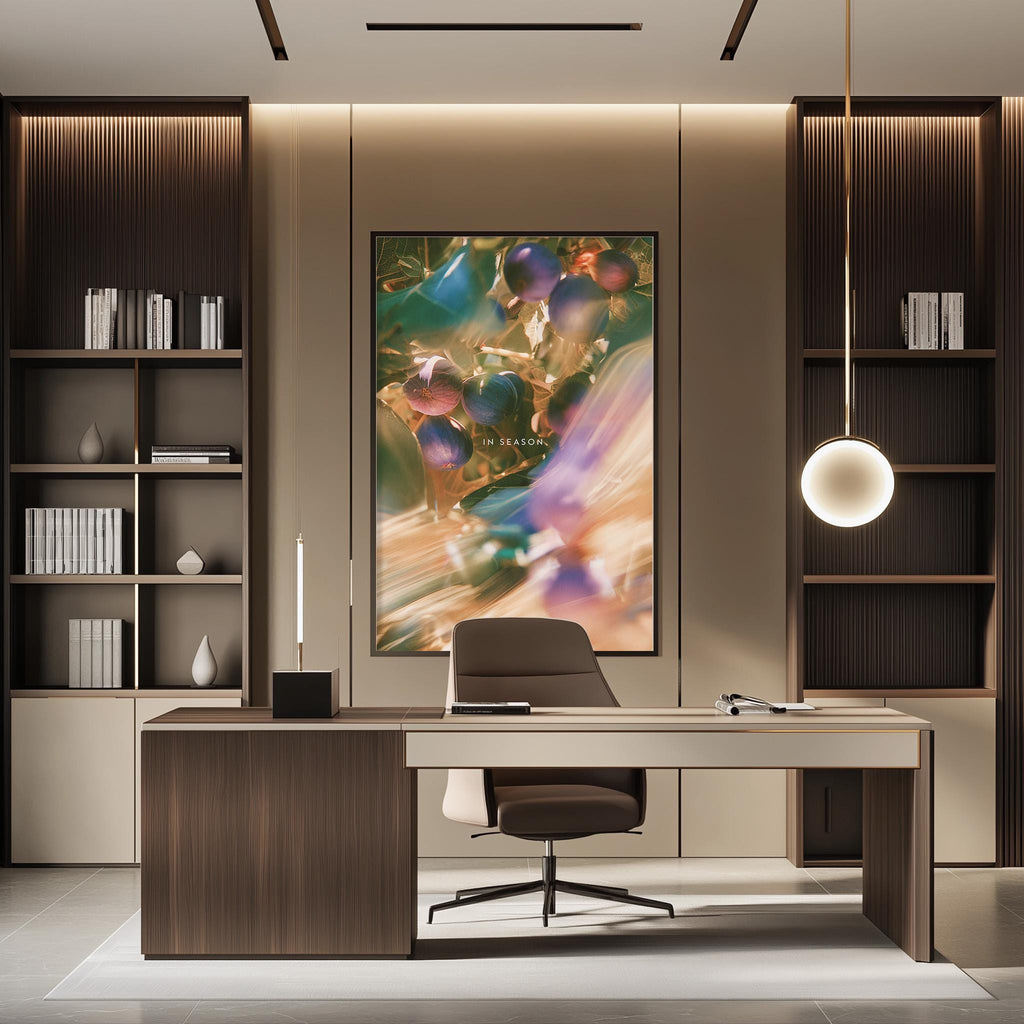 a modern and stylish office space with a large abstract painting on the wall, a wooden desk with a chair, and built-in bookshelves.