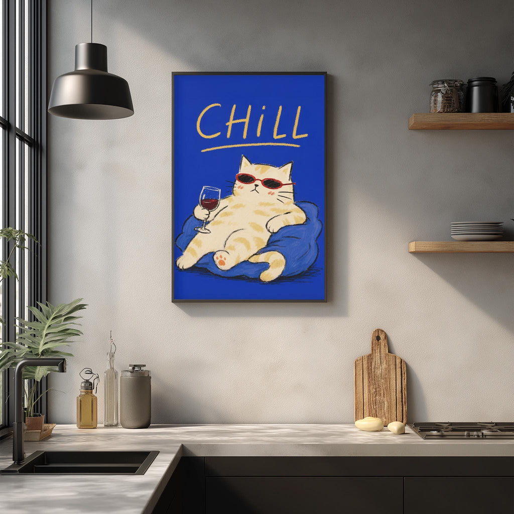 a kitchen counter with various items such as a cutting board, a bottle, and a vase. Above the counter, there is a framed illustration of a cat wearing sunglasses and holding a glass of wine. The word "CHILL" is written in yellow text above the cat.