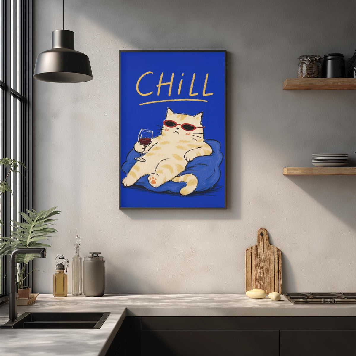 a kitchen counter with various items such as a cutting board, a bottle, and a vase. Above the counter, there is a framed illustration of a cat wearing sunglasses and holding a glass of wine. The word "CHILL" is written in yellow text above the cat.