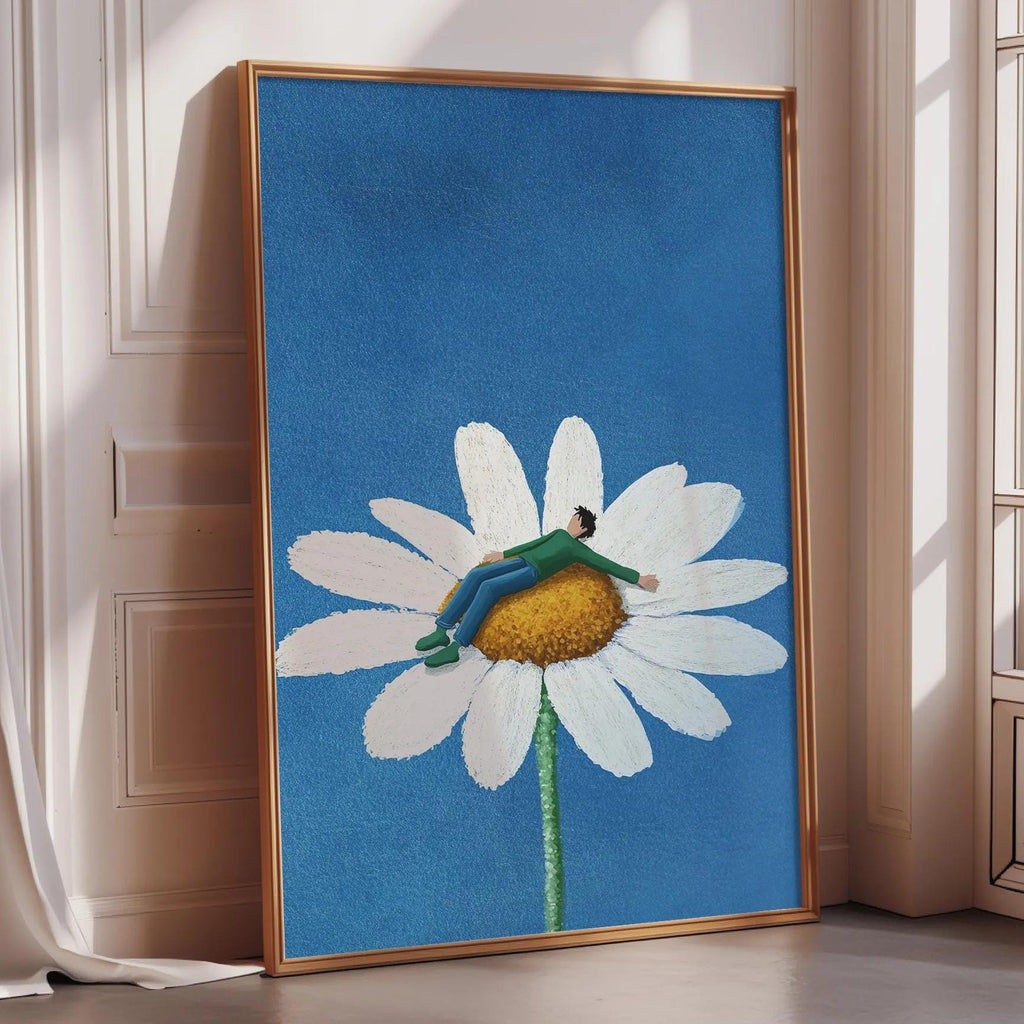 a large framed painting depicting a person sitting on a white flower against a blue background.