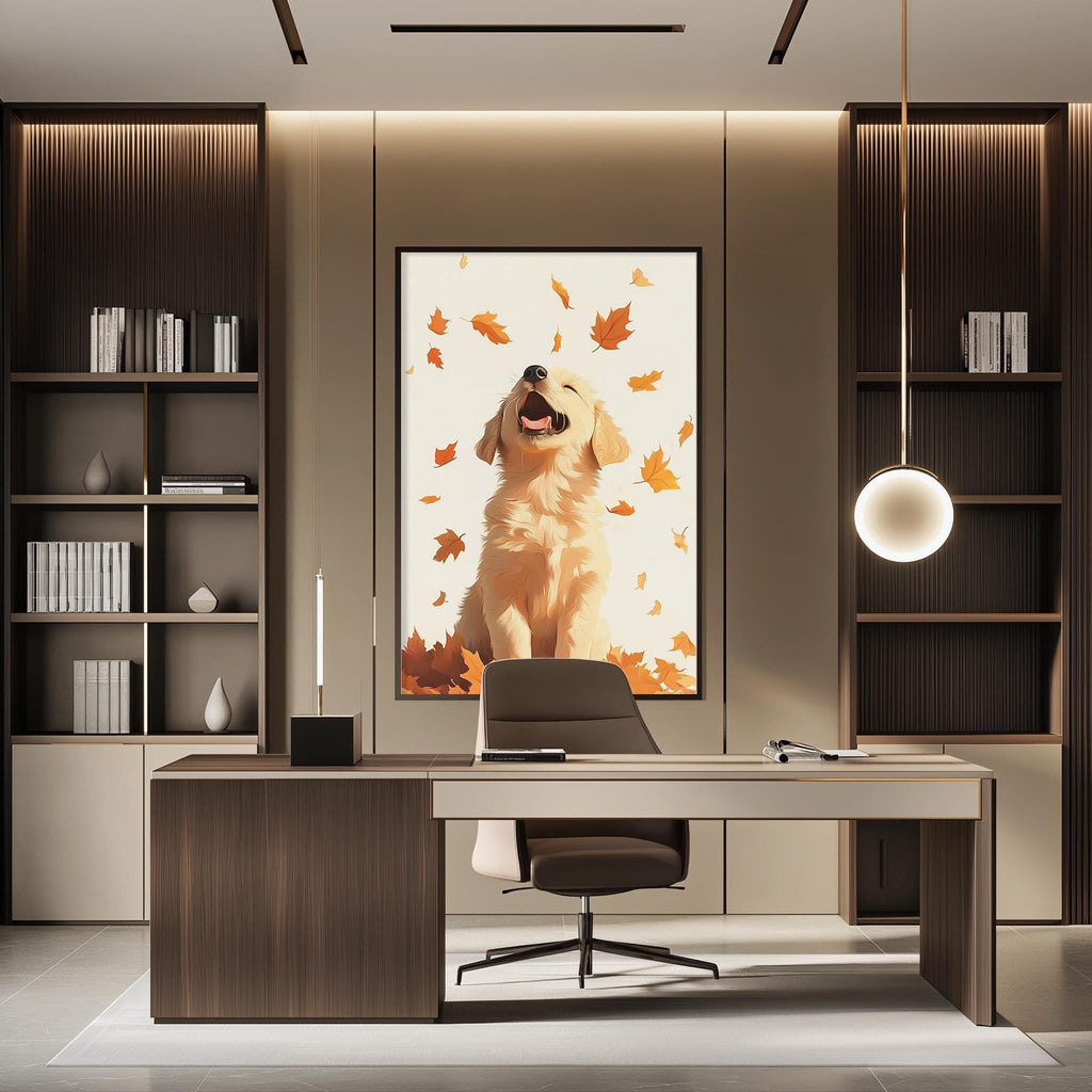 a modern office space with a large framed picture of a dog on the wall, surrounded by falling leaves. The office has a wooden desk, a chair, and a bookshelf filled with books.