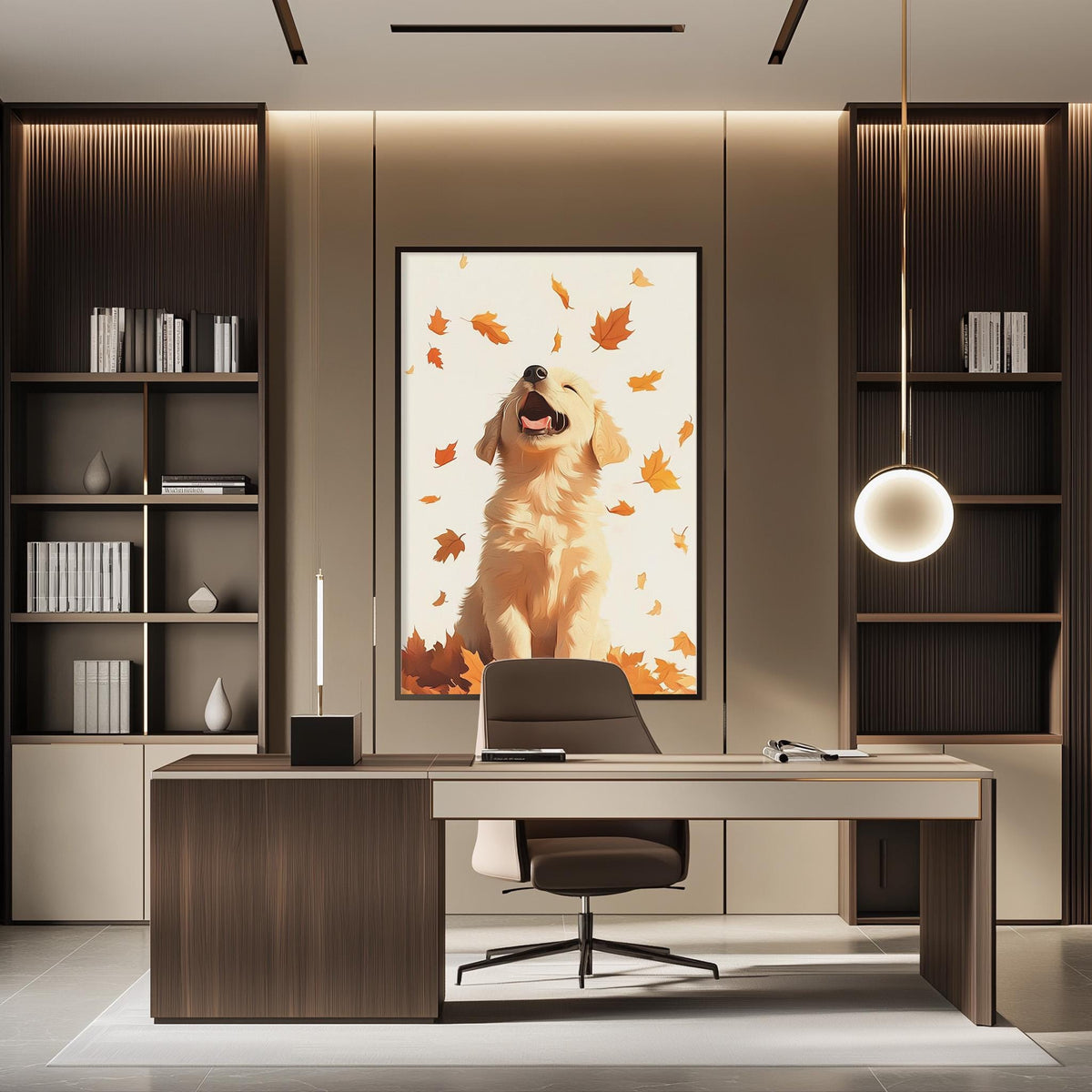 a modern office space with a large framed picture of a dog on the wall, surrounded by falling leaves. The office has a wooden desk, a chair, and a bookshelf filled with books.