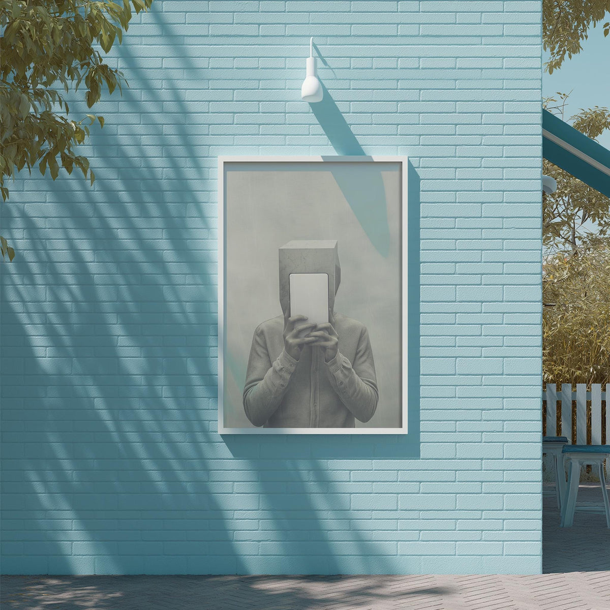 a person holding a box in front of their face, with a blue brick wall and a tree in the background.