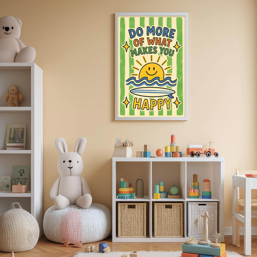 The image is a child's bedroom with a white bookshelf, a stuffed rabbit, and a colorful poster on the wall. The poster has a cheerful message about doing more of what makes you happy.