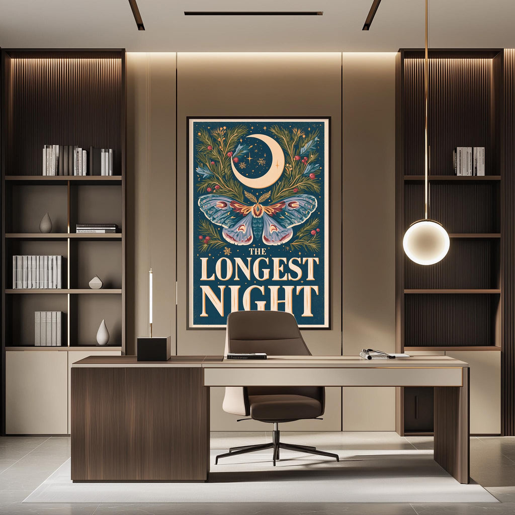 a modern office space with a large framed poster of a butterfly and a crescent moon on the wall, a wooden desk with a chair, and a bookshelf filled with books.