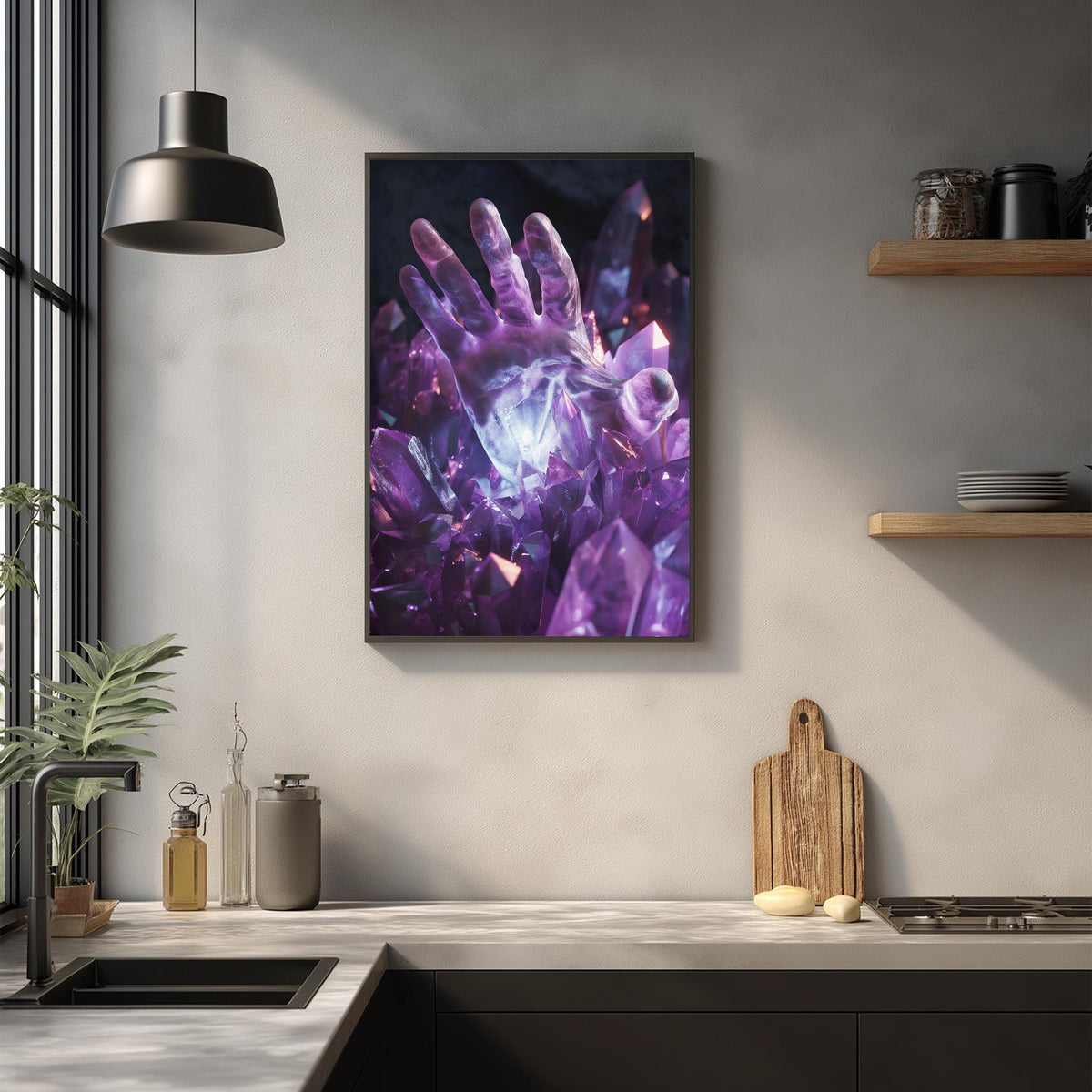 a kitchen counter with various items, including a framed picture of purple crystals, a wooden cutting board, and a potted plant.