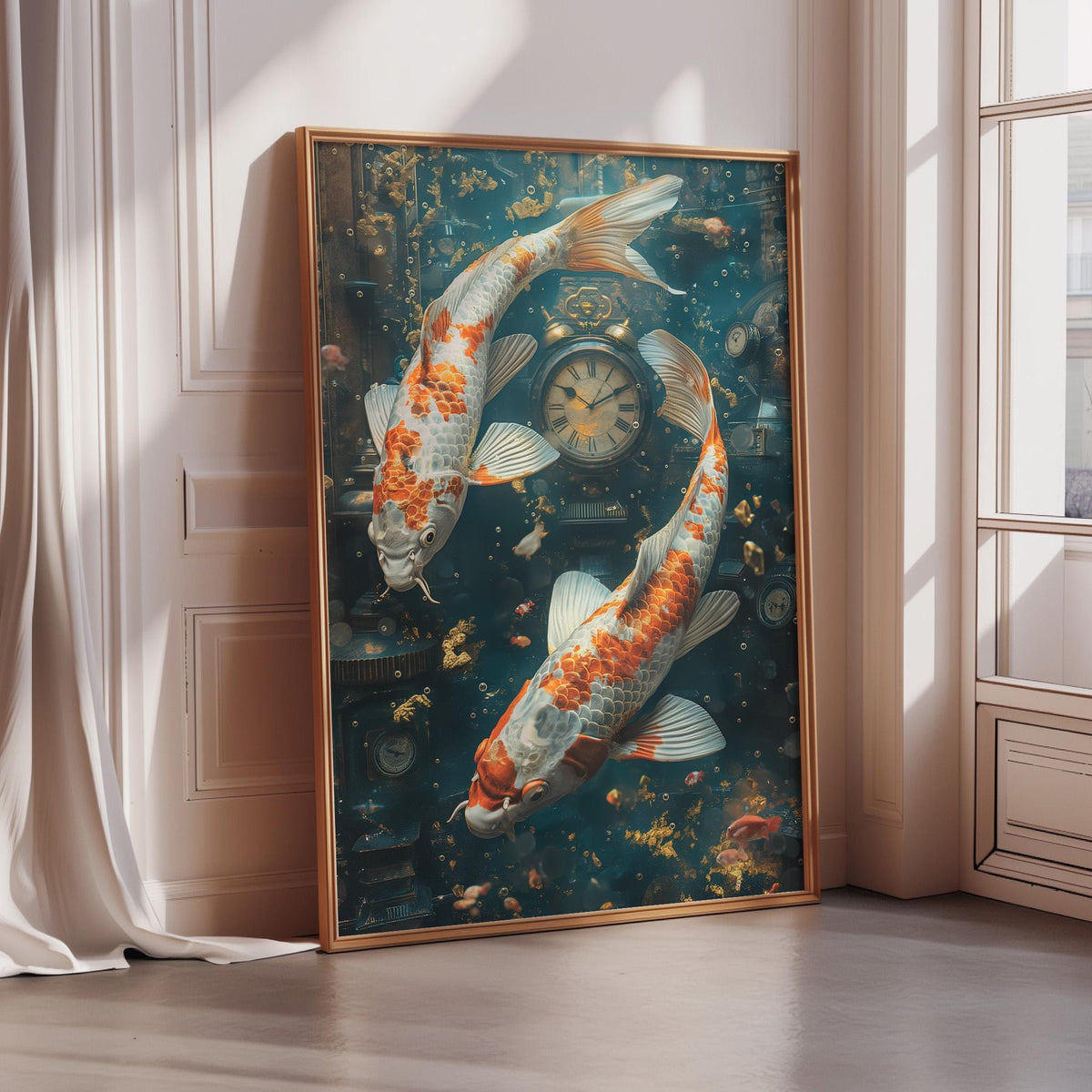 a large framed painting depicting two koi fish swimming in a blue-green underwater scene, with a clock and other decorative elements in the background.