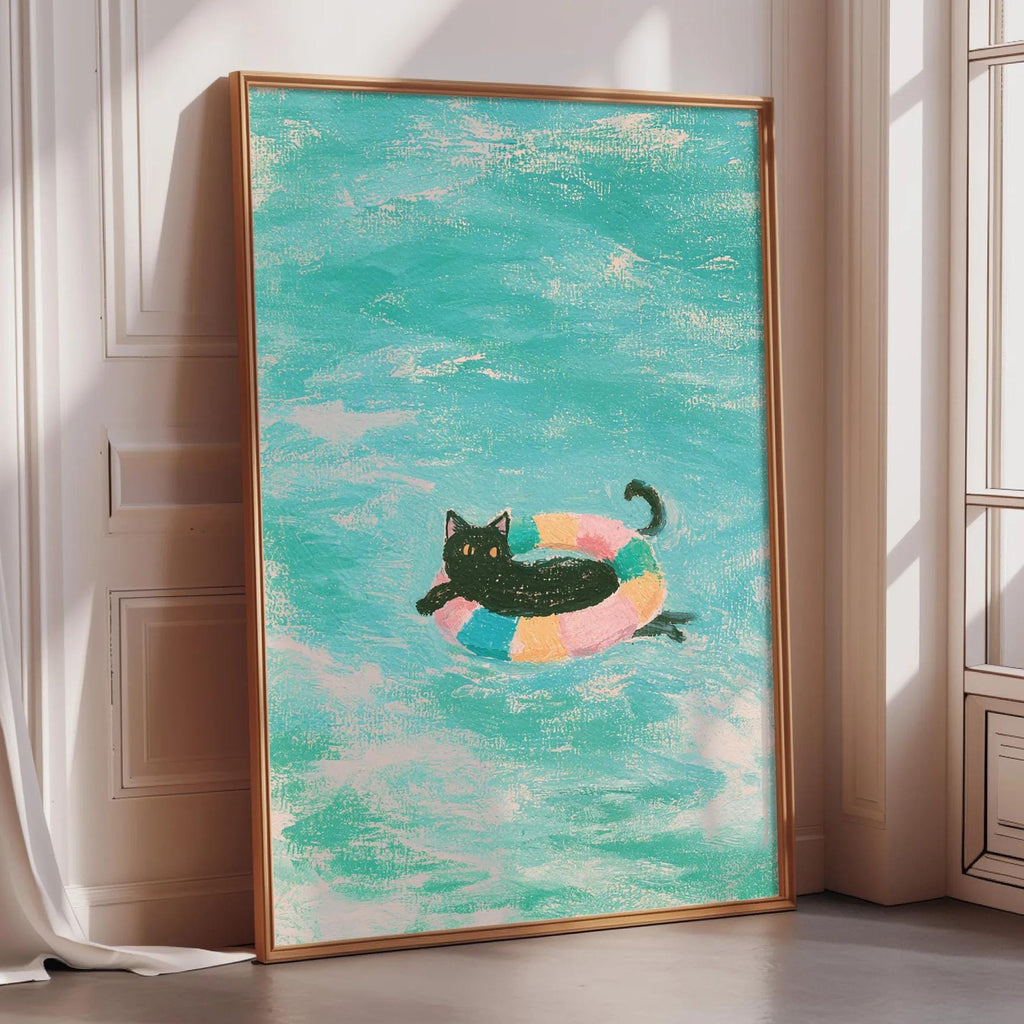 A framed painting depicting a cat swimming in a colorful pool.