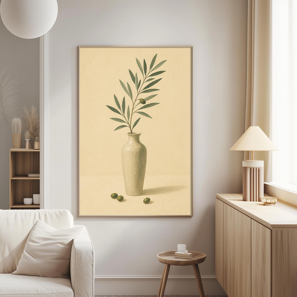 a living room with a white sofa, a wooden side table, and a framed painting of a plant in a vase on the wall.