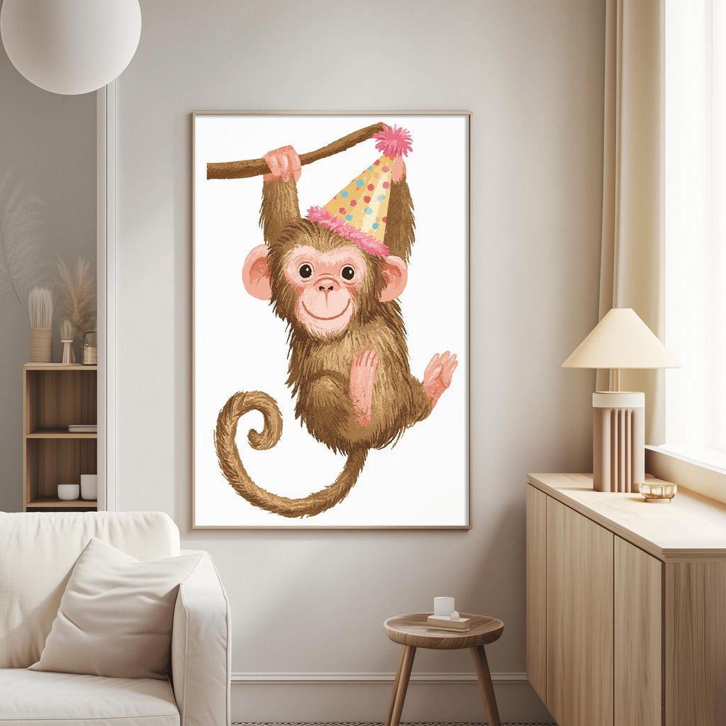 a monkey wearing a party hat and holding a stick, hanging from a branch in a living room setting.