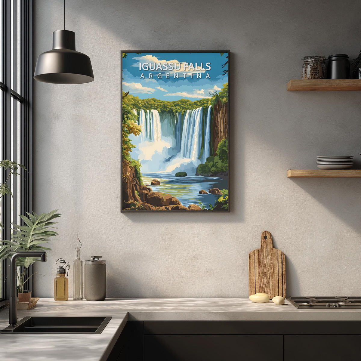 a framed poster of Iguas Falls in Argentina hanging on a wall above a kitchen counter.